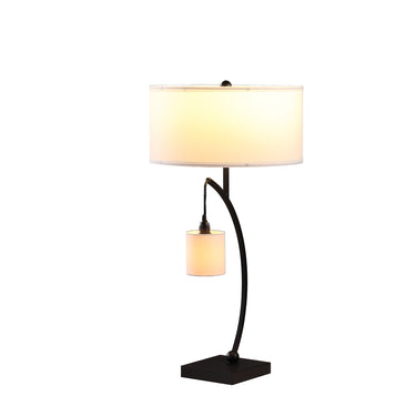 Black Metal Two Light Arched Table Lamp With White Drum Shade